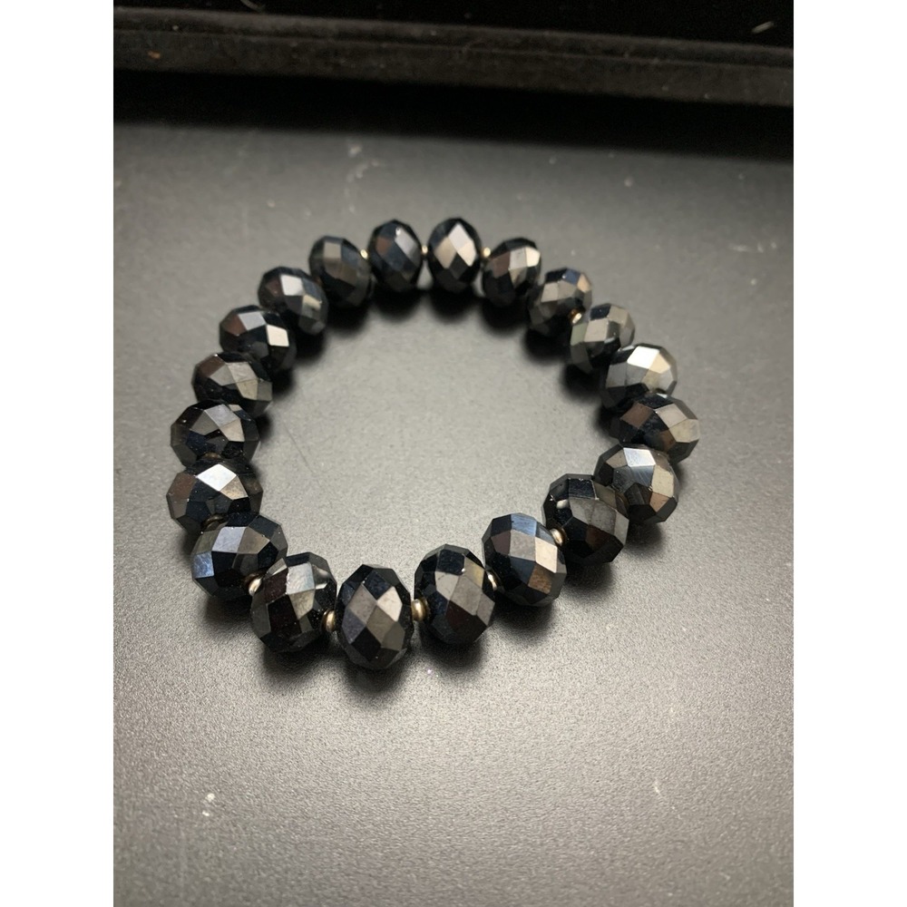 Black‎ Faceted Fire Polished Crystal Beaded Stretchy Elastic Statement Bracelet